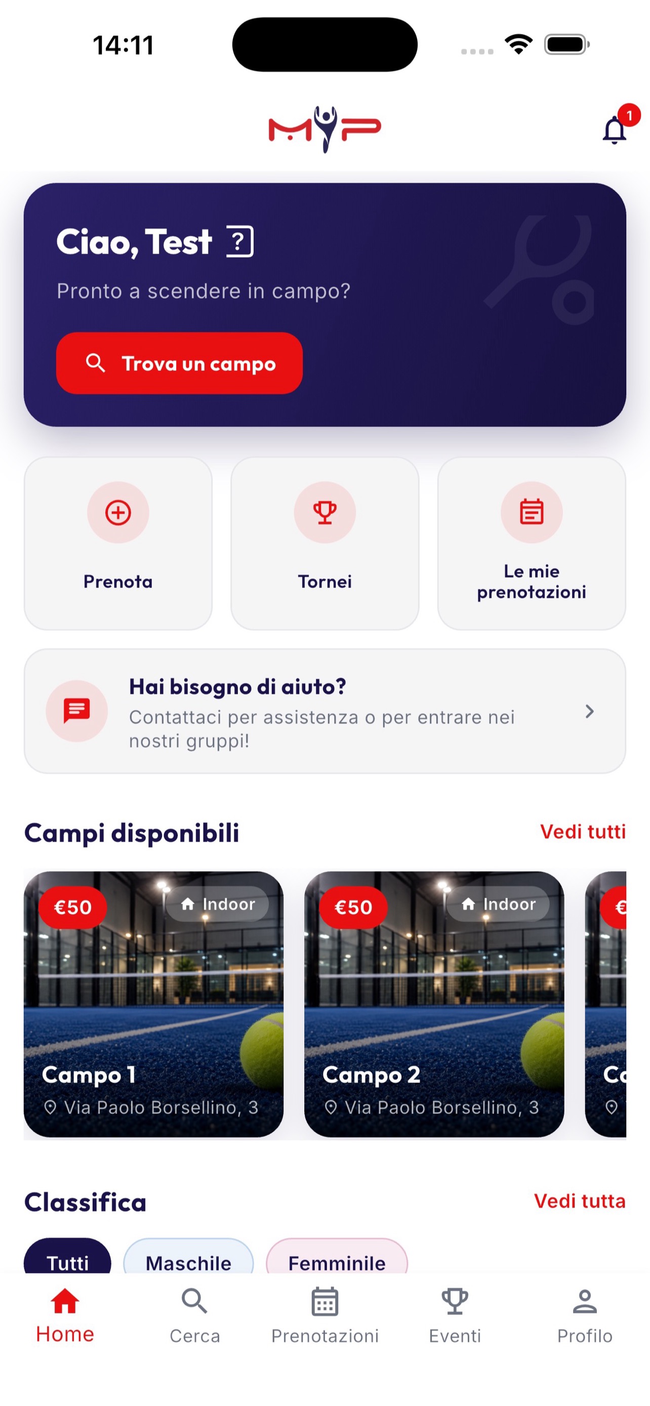 Home dell'app My Padel con accesso rapido alle prenotazioni